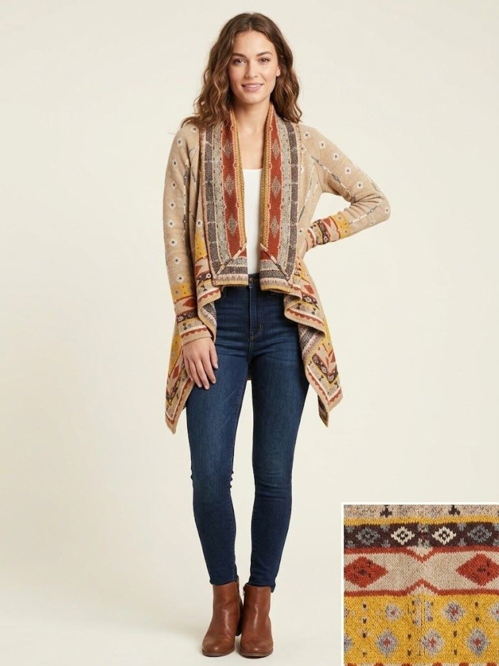 Freeway Womens Cardigan L Southwestern Aztec Boho Open Front Draped Knit Beige